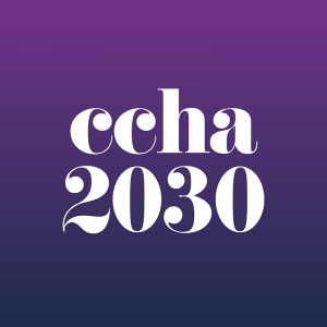 ccha2030 logo Purple gradient background with white text reading ccha2030.