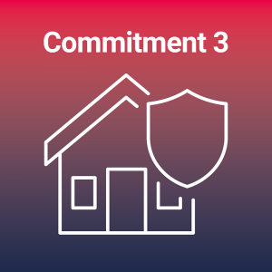 A red gradient background with an icon of a house with a safety shield. Text reads Commitment 3.