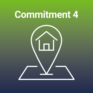 A green gradient background with a map icon with a house as the focus. Text reads Commitment 4.